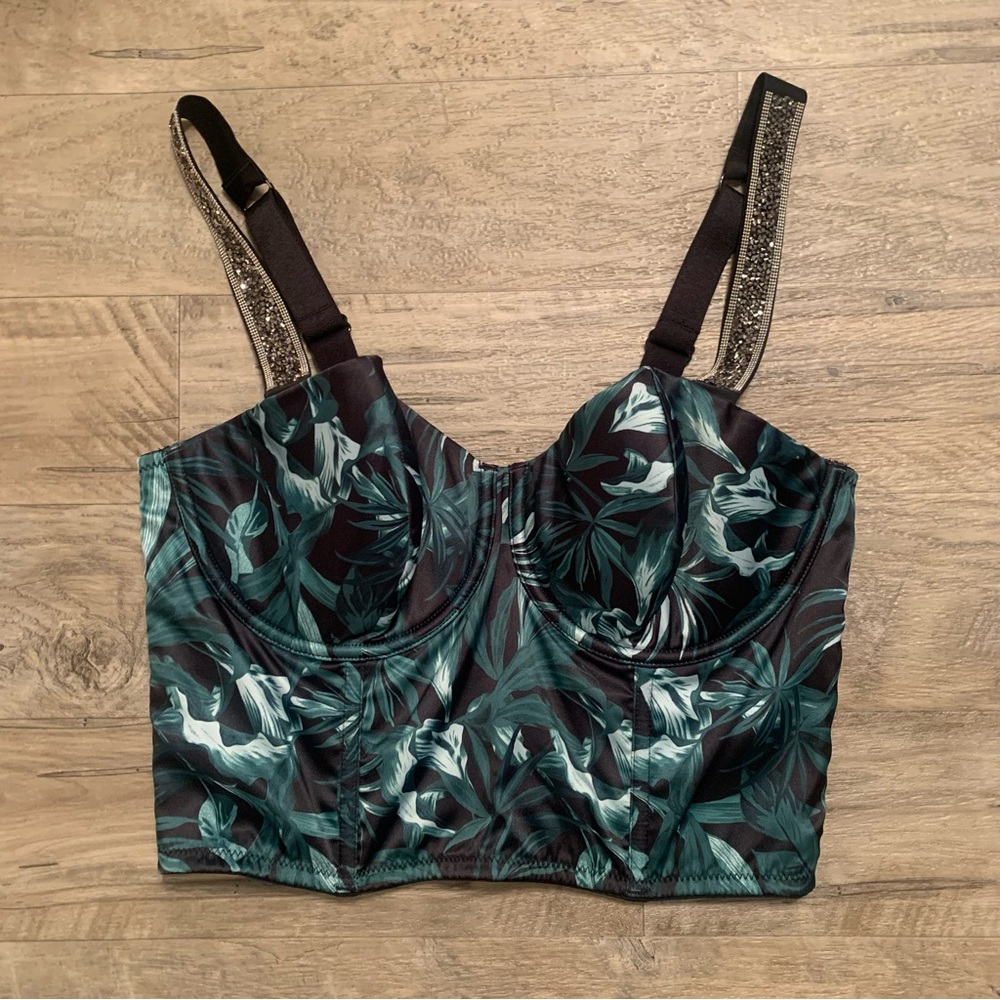 Victoria Secret Satin Leaf Print Rhinestone Shine Strap Underwired Bustier